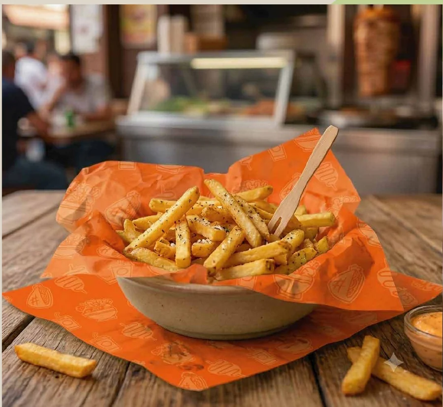 Pommes i orange papper med dippsås