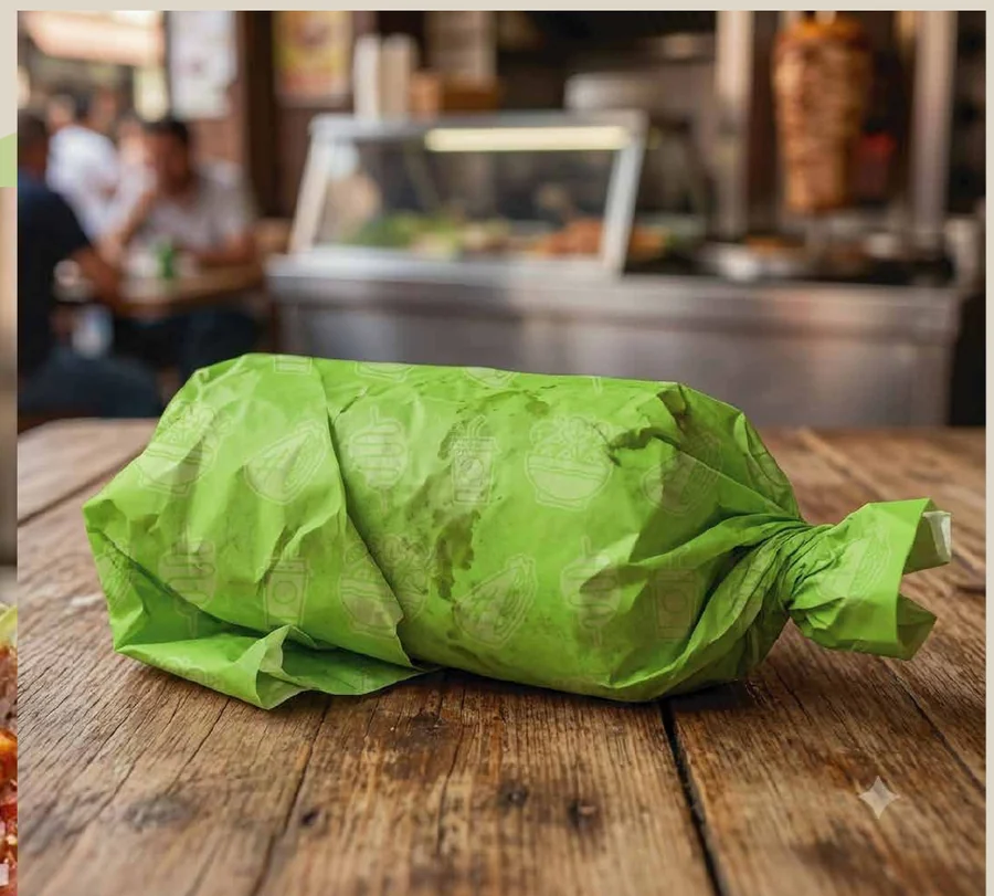 Inslagen rulle i grönt papper på träbord